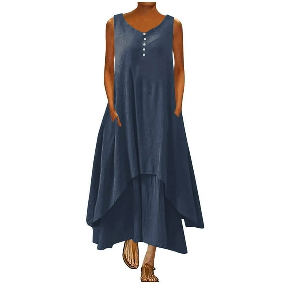 Umfun Women Plus Size S to 5XL Summer Dresses, Casual Solid Round-Neck Sleeveless Vest Long Dress, T-shirt Swing A-Line Beach Dress Blue