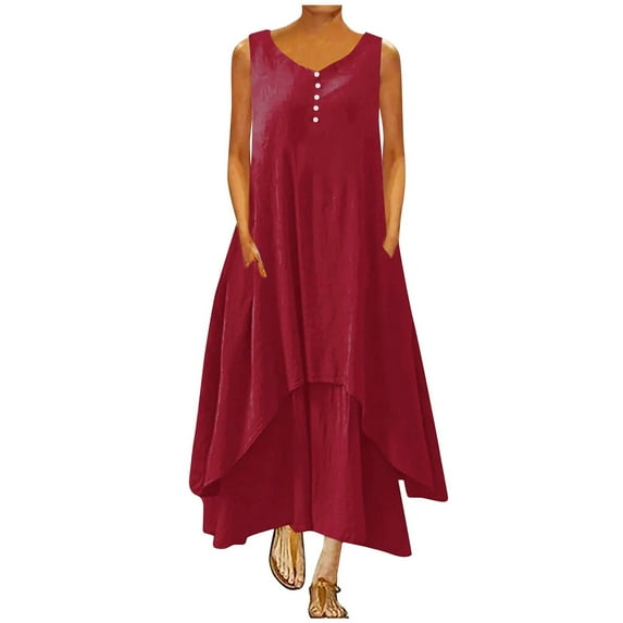 Umfun Women Plus Size S to 5XL Summer Dresses, Casual Solid Round-Neck Sleeveless Vest Long Dress, T-shirt Swing A-Line Beach Dress Red