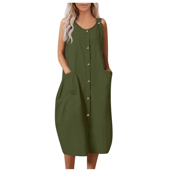 Umfun Women Summer Casual T-shirt Dresses Solid Plus Size S to 3XL with Pockets Button Cotton Linen Round-Neck Sleeveless Dress Army Green