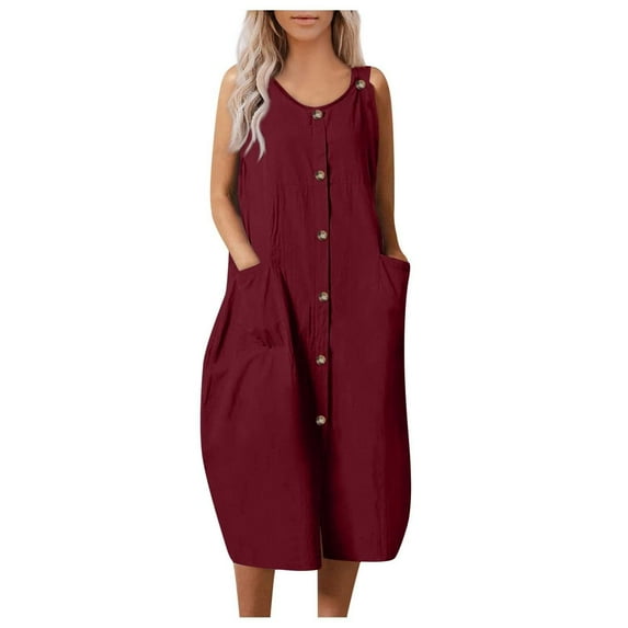 Umfun Women Summer Casual T-shirt Dresses Solid Plus Size S to 3XL with Pockets Button Cotton Linen Round-Neck Sleeveless Dress Wine