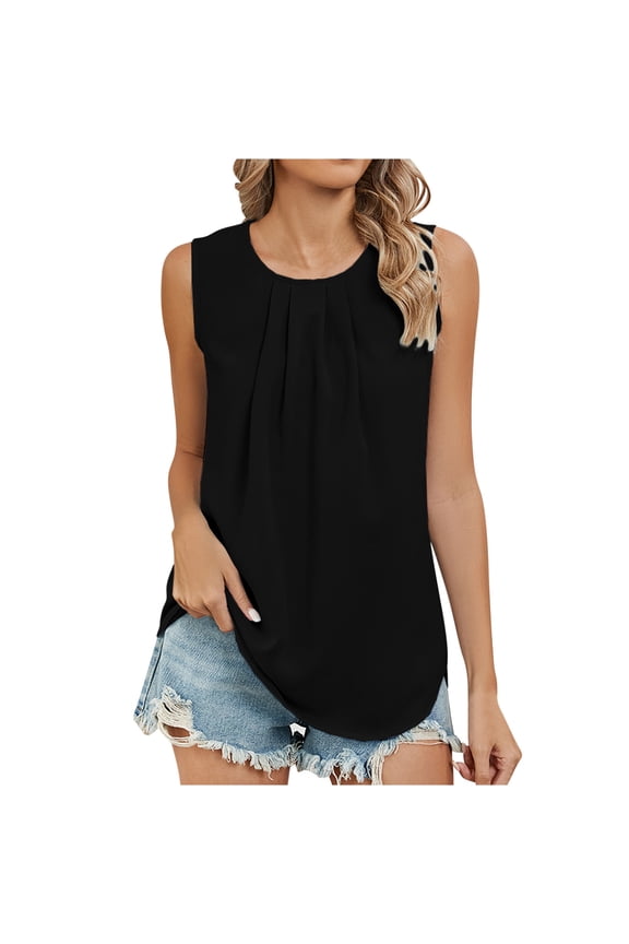 Women Summer Tops Loose Thank Blouses Casual Solid Color V Neck Sleeveness Tops Black L