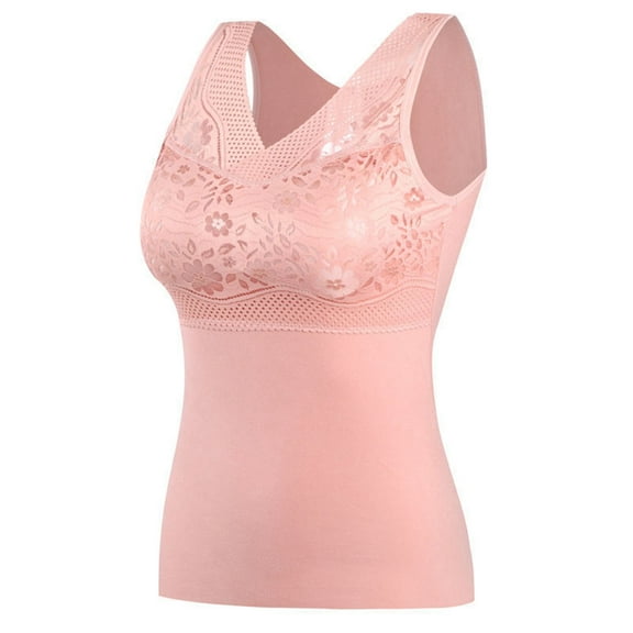 Umfun Women Thermal Tank Tops Casual Trendy Scoop Neck Hollow Printing Fleece Camisole Sleeveless Underwear Solid Printing Warm Base Layer Underwear Top Pink L
