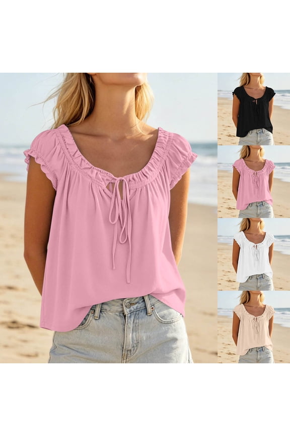 Women's Alluring Tie-Front Ruffle Top - Flowy Solid Color Blouse with Adjustable Drawstring for Beach Vacation & Summer Parties