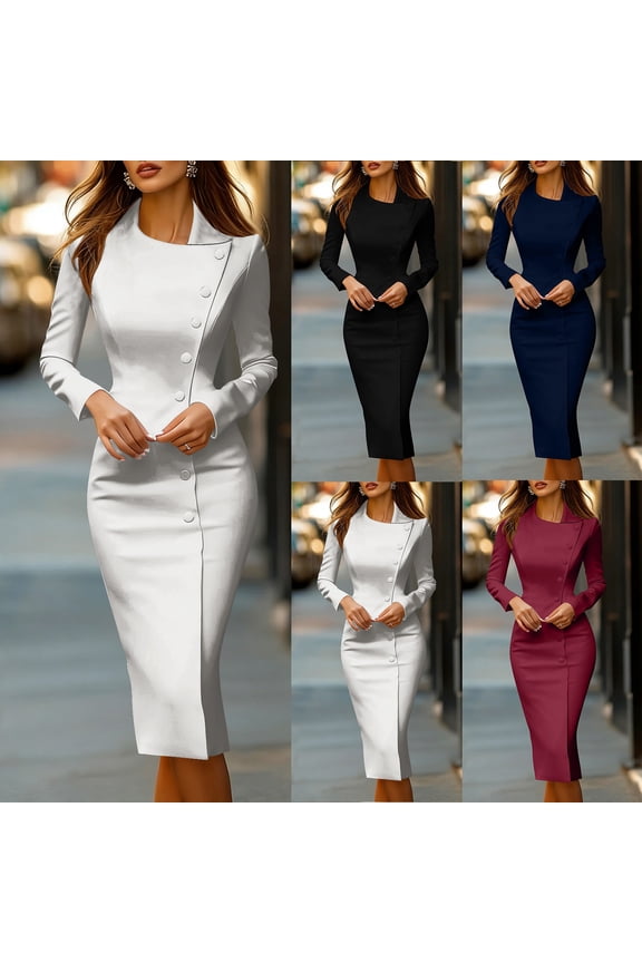 Women's Asymmetric Collar Slim Fit Midi Dress with Side Button Detail - Fall Winter Elegant Business Attire for Professional Office Commute and Formal Occasions