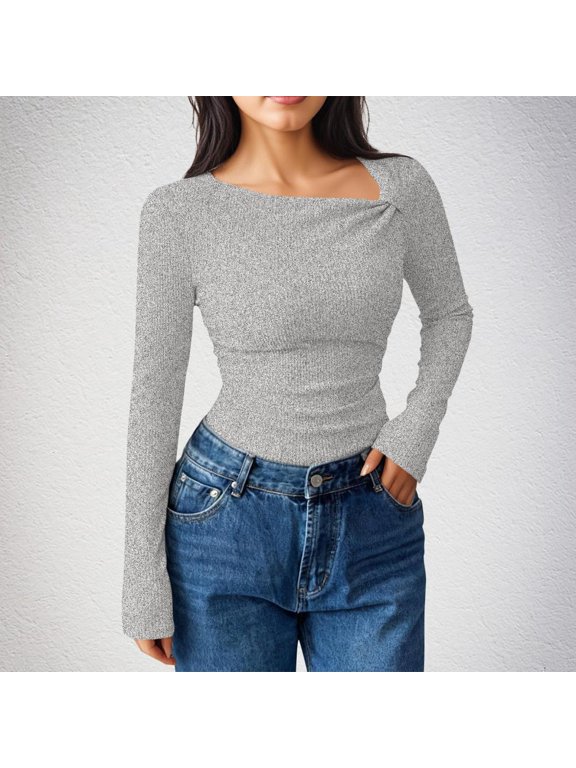 Women's Ribbed Top Asymmetrical V Neck Long Sleeve Slim Fit Shirt - Casual Basic Layering Pullover Tunic for Daily Wear