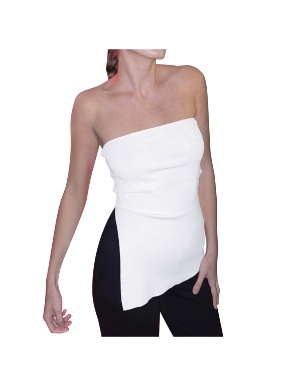 Women's Asymmetrical Tube Top - Side Slit Longline Bandeau, Solid Stretch Fitted Crop Top for Effortless Chic Streetwear & Summer Party