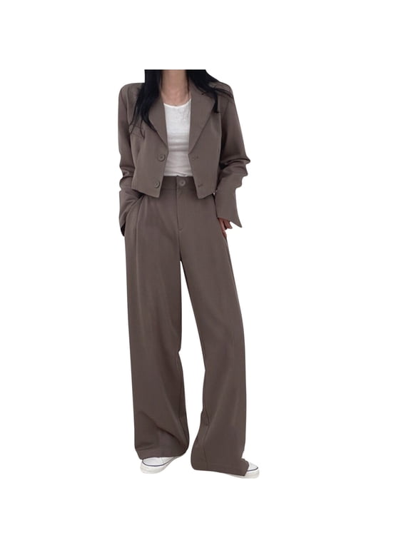 Women's Blazer Regular Fit Two-Piece Set, Cropped Notched Collar Jacket with Matching High Waist Wide Leg Pants, Elegant Outfit for Work and Casual Occasions