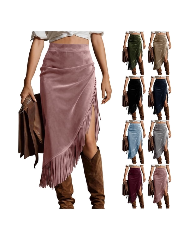 Women's Boho Faux Wrap Skirt with Fringe Trim & O-Ring Detail - Chic Asymmetrical Midi Skirt for Country Concerts & Festival Wear