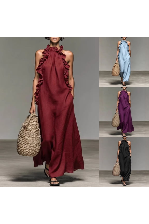 Women's Burgundy Ruched Halter Maxi Dress with Pockets - Relaxed Fit Sleeveless Long Summer Dress for Beach Vacations, Lounge Days, and Resort Style