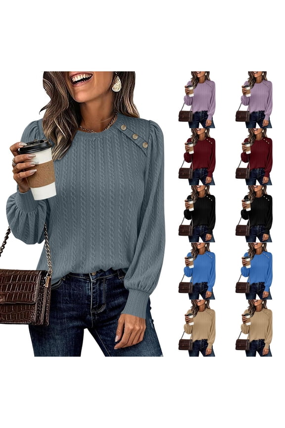 Women's Cable Knit Sweater Long Sleeve Crew Neck Relaxed Fit Casual Pullover Top with Shoulder Button Details for Fall Winter Daily Wear