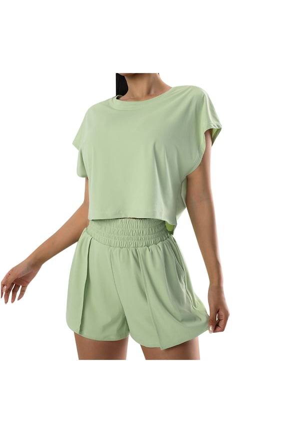 Women's Casual Two-Piece Set, Crew Neck Dolman Sleeve Crop Top with Matching High Waist Shorts, Relaxed Outfit for Everyday Wear and Loungewear