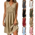thumbnail image 1 of Umfun Casual V-Neck Linen Mini Dresses for Women with Gathered Waist - Sleeveless Relaxed Fit Summer Dress for Picnic & Day Trips, 1 of 9