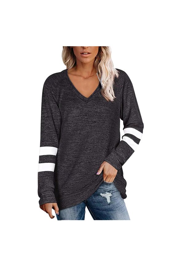 Women's Casual V Neck Sleeve Patchwork Loose Shirt Blouse Tops Dark Gray S