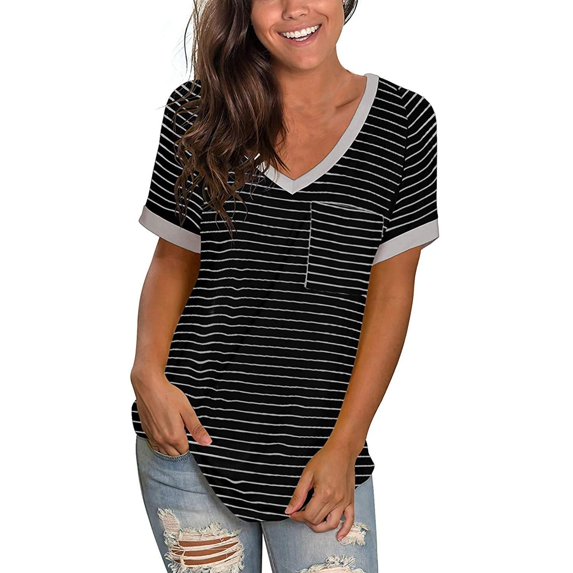 Umfun Women's Casual V-Neck Solid Color Striped Pocket Hundred Short Sleeve Tops Black 2XL