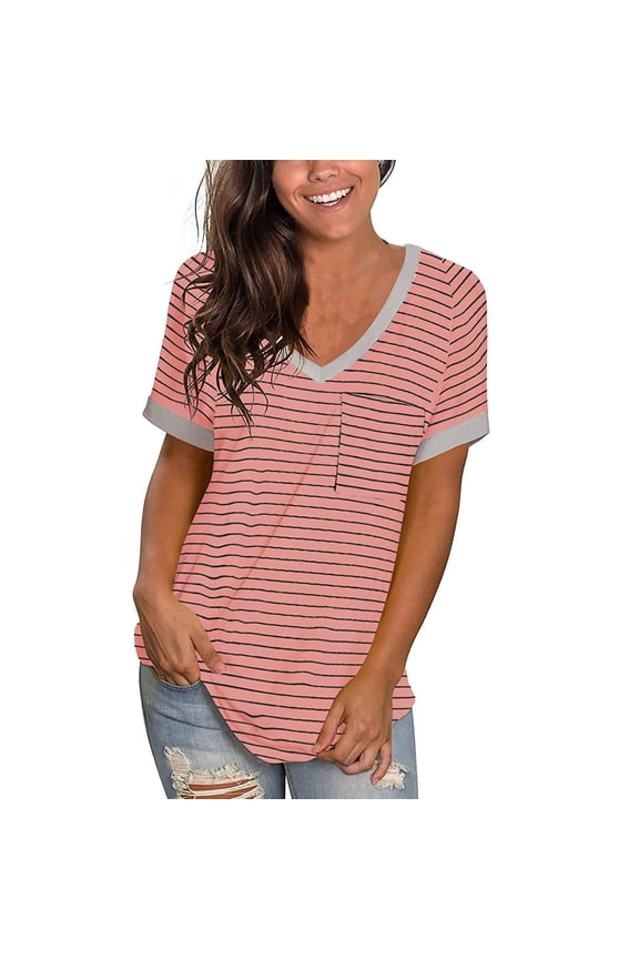 Women's Casual V-Neck Solid Color Striped Pocket Hundred Short Sleeve Tops Pink M