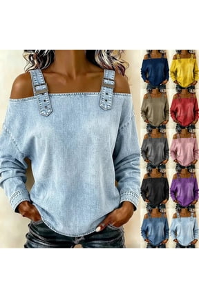 Women's Cold Shoulder Denim Look Blouse Long Sleeve Casual Pullover Top with Buttoned Strap Details Loose Fit Tunic Shirt for Fall Winter Vacation Daily Wear