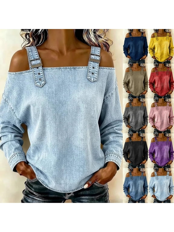 Tops for Women Cold Shoulder Denim Look Blouse Long Sleeve Casual Pullover Top with Buttoned Strap Details Loose Fit Tunic Shirt for Fall Winter Vacation Daily Wear