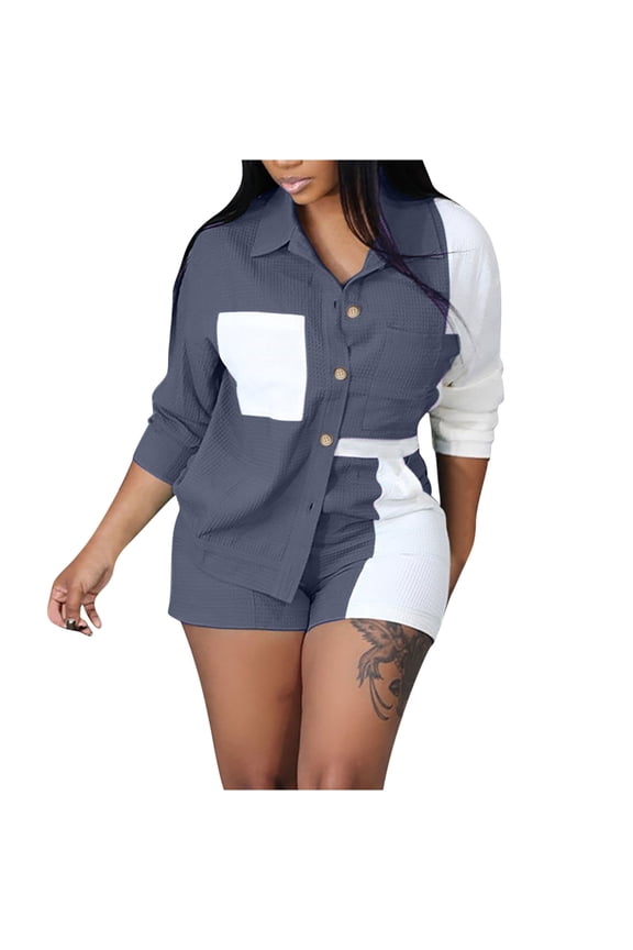 Women's Color-Block Regular Fit Two-Piece Set, Collared Long Sleeve Shirt with Matching High Waist Shorts, Bold Outfit for Casual and Street Wear