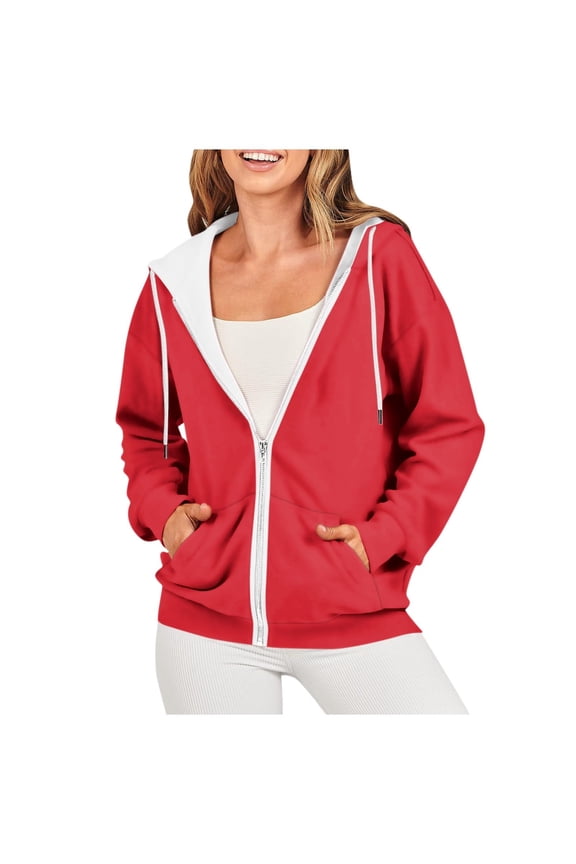 Women's Comfortable Solid Hoodie Coat Full Zip Running Track Jacket Outdoor Recreation Coat Red S