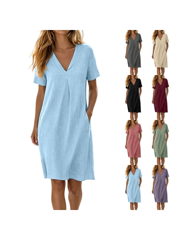 Comfy V-Neck Short Sleeve Cotton Dresses for Women with Side Pockets - Relaxed Fit T-Shirt Dress for Errands & Lounging