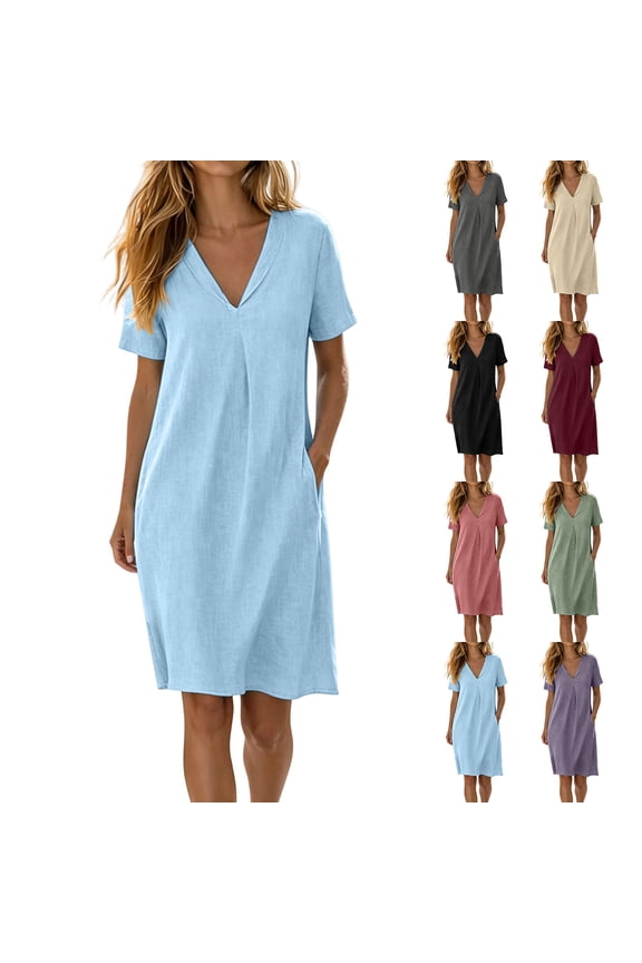 Women's Comfy V-Neck Short Sleeve Cotton Dress with Side Pockets - Relaxed Fit T-Shirt Dress for Errands & Lounging
