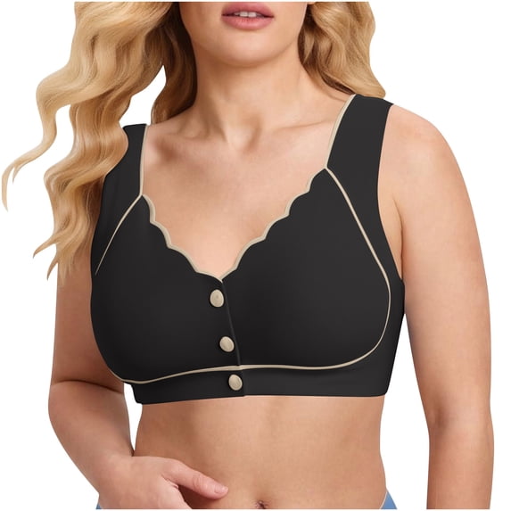Umfun Women's Contrast Trim Front Button Bra - Wide Strap Full Coverage Wireless Crop Top with Scalloped Neckline for Comfortable Everyday Wear