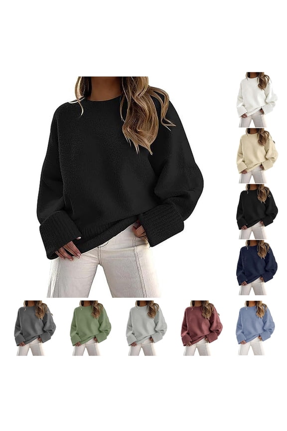Women's Cozy Boxy Fit Crew Neck Knit Pullover - Relaxed Long Sleeve Sweater with Extended Ribbed Cuffs for Casual Daily Wear and Weekend Lounging
