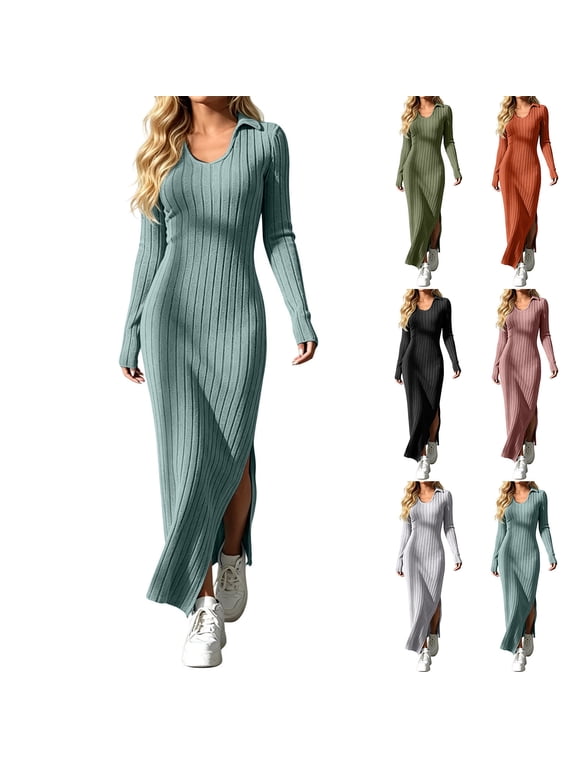 Women's Cozy Ribbed Knit Long Sleeve Maxi Sweater Dress with Side Split Hem and Folded Collar Design - Fall Winter Ideal for Casual Weekend Outings and Vacation Travel