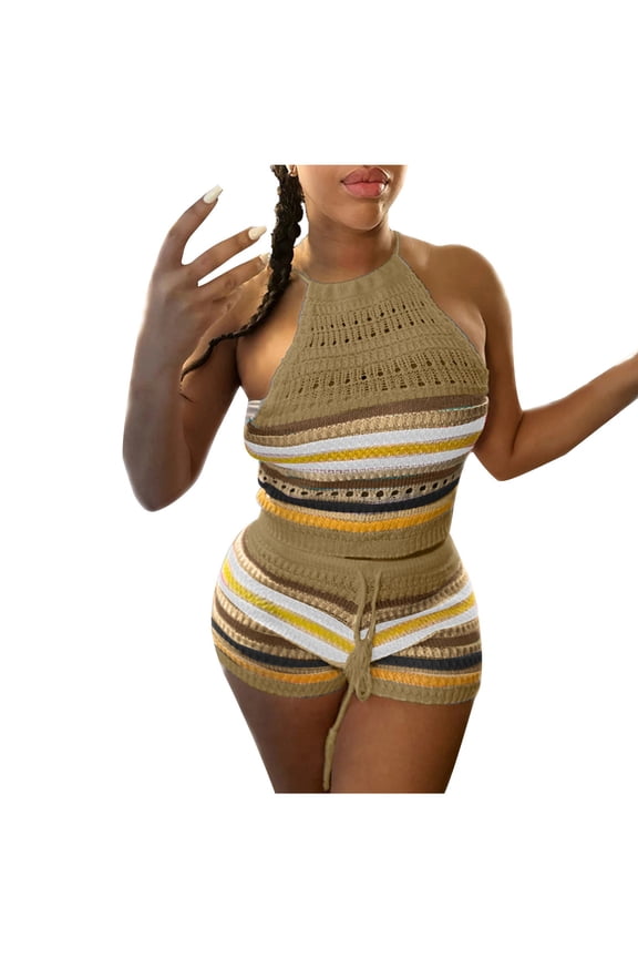 Women's Crochet Halter Two Piece Outfit, Striped Top with Openwork Hollow Out Detail, Matching High Waist Shorts for Beach Travel and Vacation Style