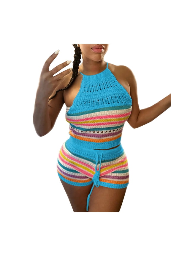 Women's Crochet Halter Two Piece Outfit, Striped Top with Openwork Hollow Out Detail, Matching High Waist Shorts for Beach Travel and Vacation Style