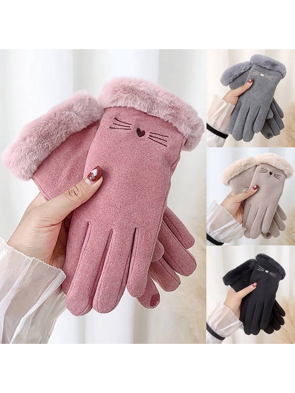 Women's Cute Cat Face Winter Gloves Warm Fleece Lined Soft Faux Suede Hand Warmer with Fluffy Faux Fur Trim Cold Weather Outdoor Driving Daily Wear for Ladies