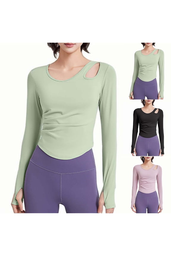 Women's Cutout Shoulder Ruched Top Long Sleeve Activewear Blouse Slim Fit Sporty Tunic with Thumb Holes for Gym Yoga Running Daily Wear