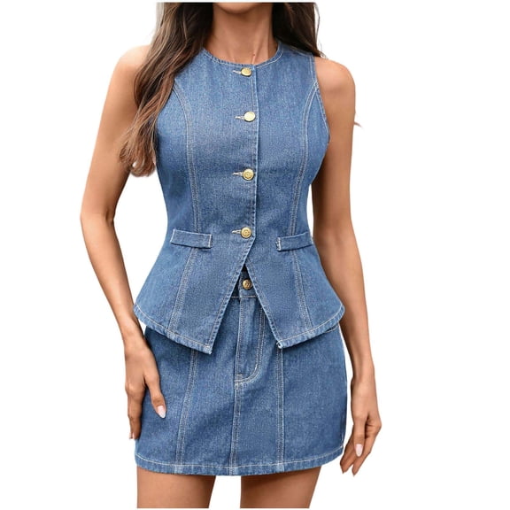 Umfun Women's Denim Two-Piece Co-Ord Set, Sleeveless Button-Front Vest with Matching Mini Skirt, Chic Casual Outfit for Daily and Weekend Wear