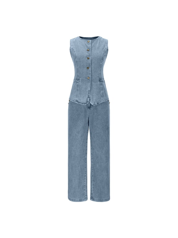 Women's Denim Two-Piece Set, Round Neck Sleeveless Vest with Matching High Waist Wide Leg Pants, Stylish Outfit for Casual and Street Wear