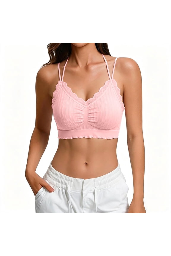 Women's Double Strap Lace Trim Bralette - Ruched Front Wireless Crop Top with Scalloped Edge for Comfortable Layering & Daily Wear