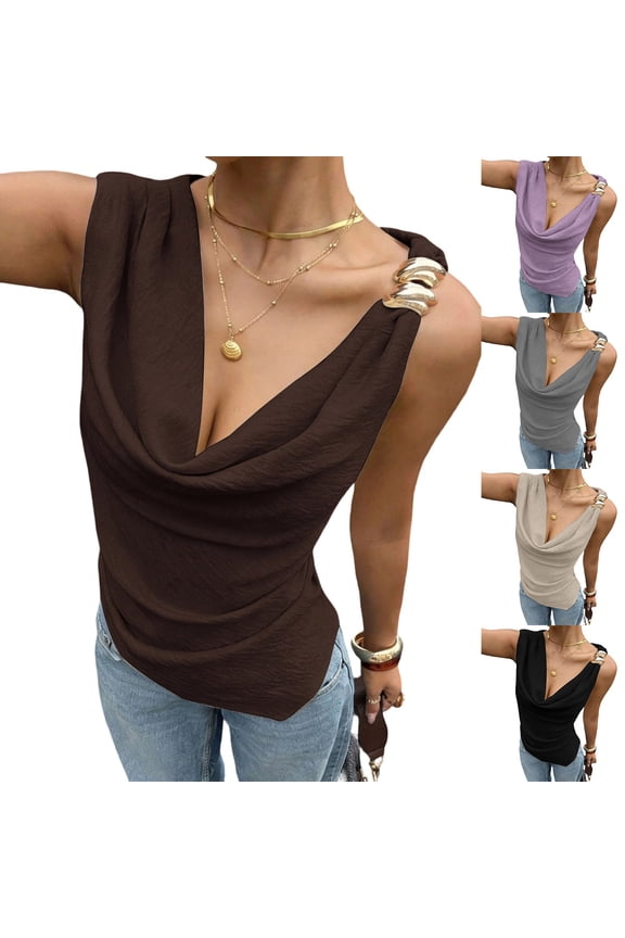Women's Draped V Neck Tank Top - Silky Pleated Sleeveless Blouse for Evening Party & Night Out