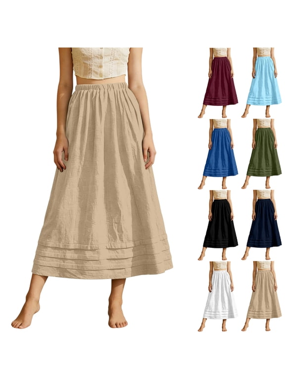 Women's Elastic Waist A-Line Midi Cotton Blend Skirt with Hem Detail - Lightweight Breathable Long Skirt for Beach Vacation & Casual Daily Wear