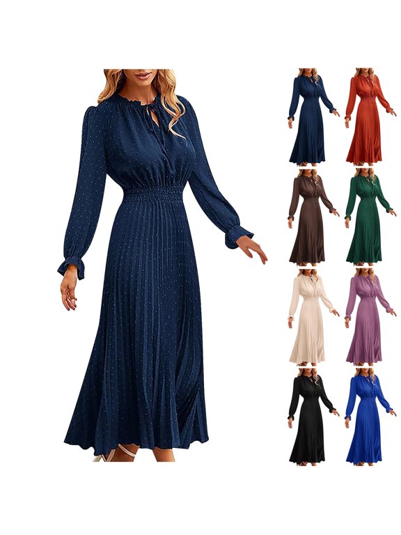 Women's Elegant Smocked Waist Long Sleeve Pleated Maxi Dress with Tie Neck Detail - Fall Winter Flowy A-Line Silhouette for Vacation Travel and Evening Party Wear