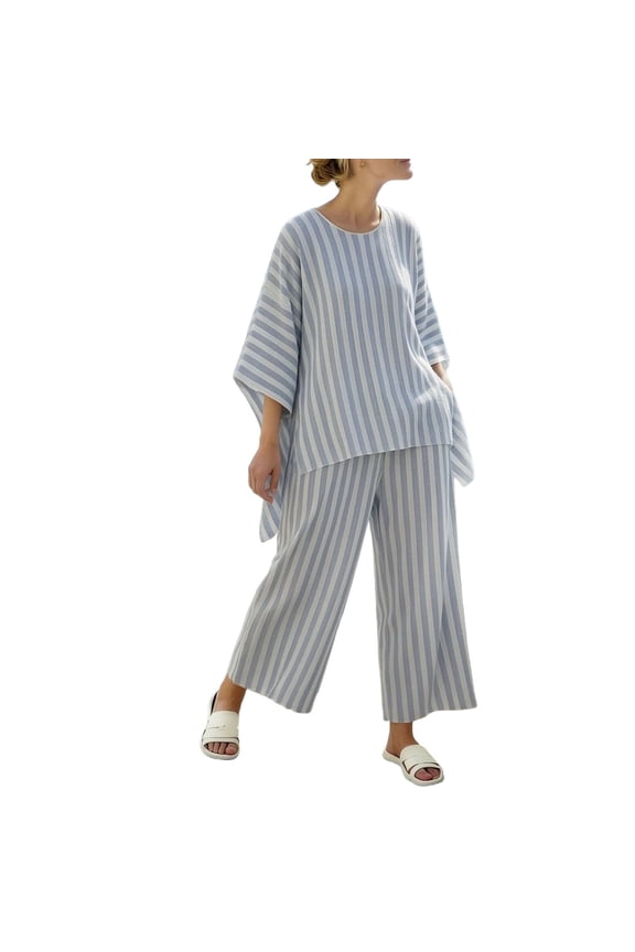 Women's Embroidered Relaxed Fit Two Piece Set, 3/4 Sleeve Split Neck Top with Matching Wide Leg Pants, Boho Casual Outfit for Travel and Daily