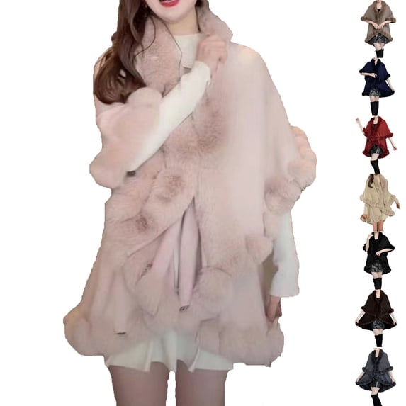 Umfun Women's Faux Fur Trim Cape Wrap Mid-Length Winter Shawl Outerwear Cozy Pullover Cover Up for Casual Vacation Daily Wear