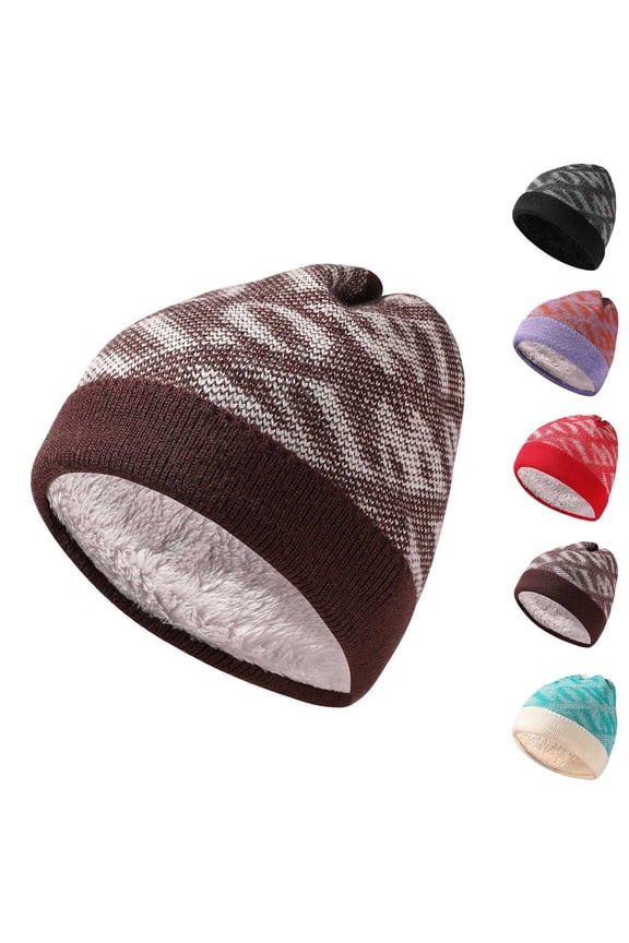 Women's Fleece Lined Beanie Hat Winter Warm Knitted Skull Cap with Ethnic Jacquard Pattern Cozy Soft Thermal Ski Hat for Cold Weather Sports Daily Life