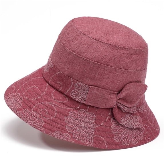 Umfun Women's Floral Embroidery Bucket Hat, Lightweight Cotton Sun Hat for Daily and Casual Wear, Vintage Style Hat with Bow Accent