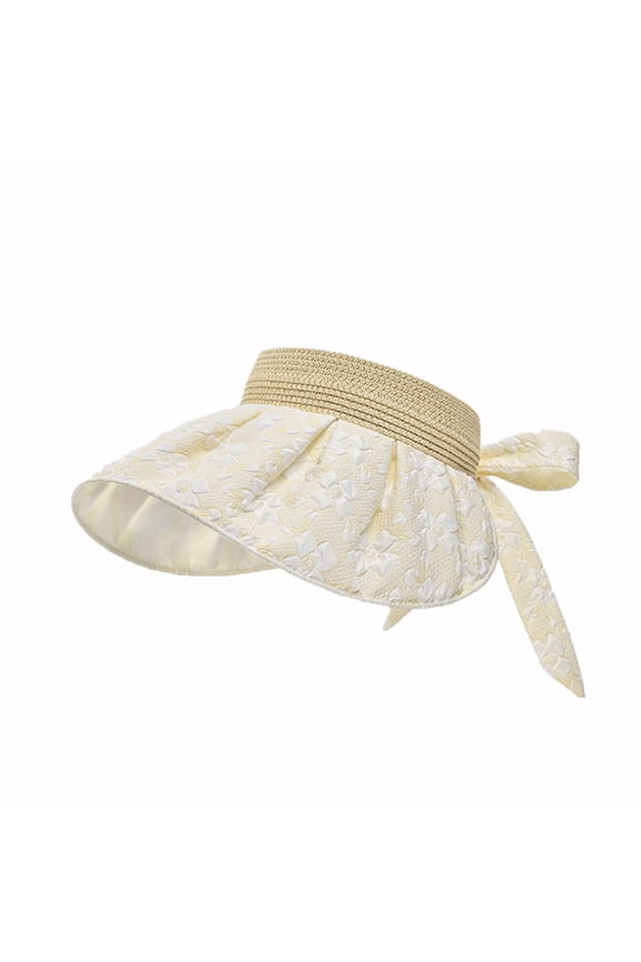 Women's Floral Jacquard Sun Visor, Open-Top Summer Hat with Straw Band and Back Bow, Lightweight UV Protection Visor for Beach and Vacation