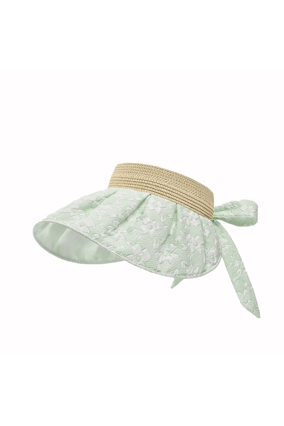 Women's Floral Jacquard Sun Visor, Open-Top Summer Hat with Straw Band and Back Bow, Lightweight UV Protection Visor for Beach and Vacation
