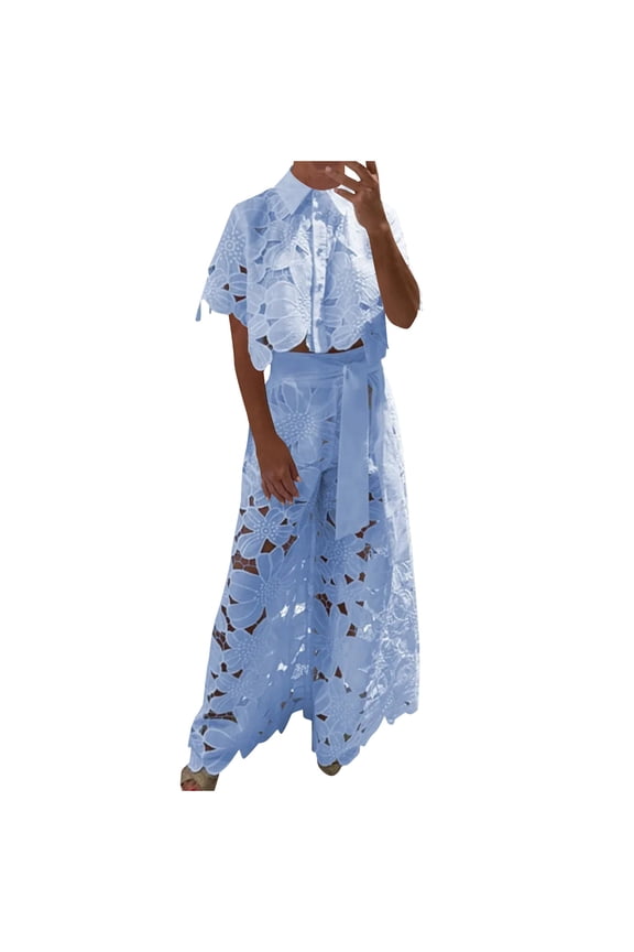 Women's Floral Lace Regular Fit Two-Piece Set, Collared Short Sleeve Crop Top with Matching High Waist Wide Leg Pants, Stylish Outfit for Vacation