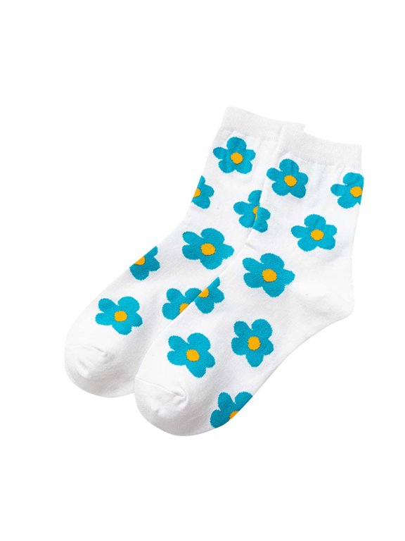 Women's Floral Print Crew Socks Cute Flower Pattern Cotton Knit Mid Calf Socks for Spring Summer Daily Wear