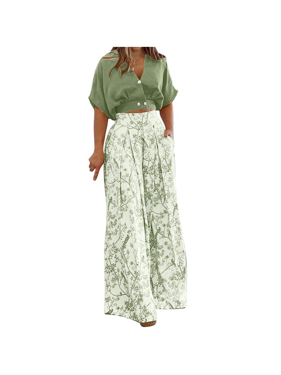 Women's Floral Print Regular Fit Two-Piece Set, V-Neck Short Sleeve Crop Top with Matching High Waist Wide Leg Pants, Casual Outfit for Party and Everyday Wear