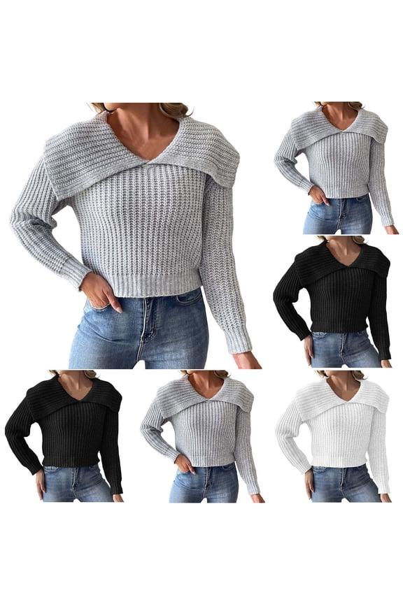 Women's Fold Over Collar Ribbed Knit Cropped Pullover - Trendy V-Neck Jumper with Cozy Texture for Autumn Layering and Weekend Streetwear