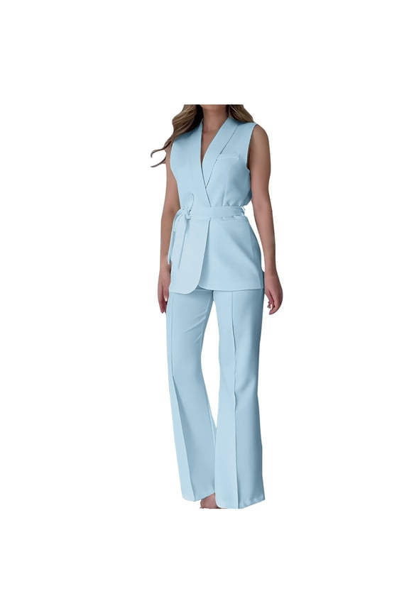 Women's Formal Regular Fit Two-Piece Set, V-Neck Sleeveless Blazer with Matching High Waist Wide Leg Pants, Elegant Outfit for Work and Special Occasions
