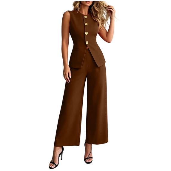 Umfun Women's Formal Vest and Pants Two-Piece Set, Round Neck Button-Down Vest with Matching High Waist Wide Leg Pants, Elegant Outfit for Work and Special Occasions